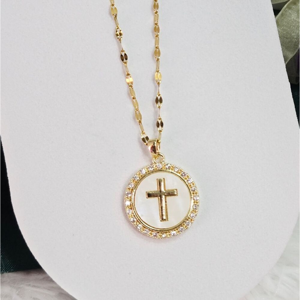 Gold Cross Medallion Necklace Mother of Pearl Disc 18K Plated Stainless Steel